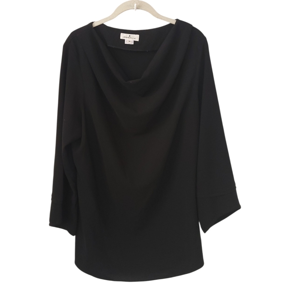 Emmelle Black Weighted Cowl Neck Tunic Top Draped Minimalist Workwear 3/4 Sleeve